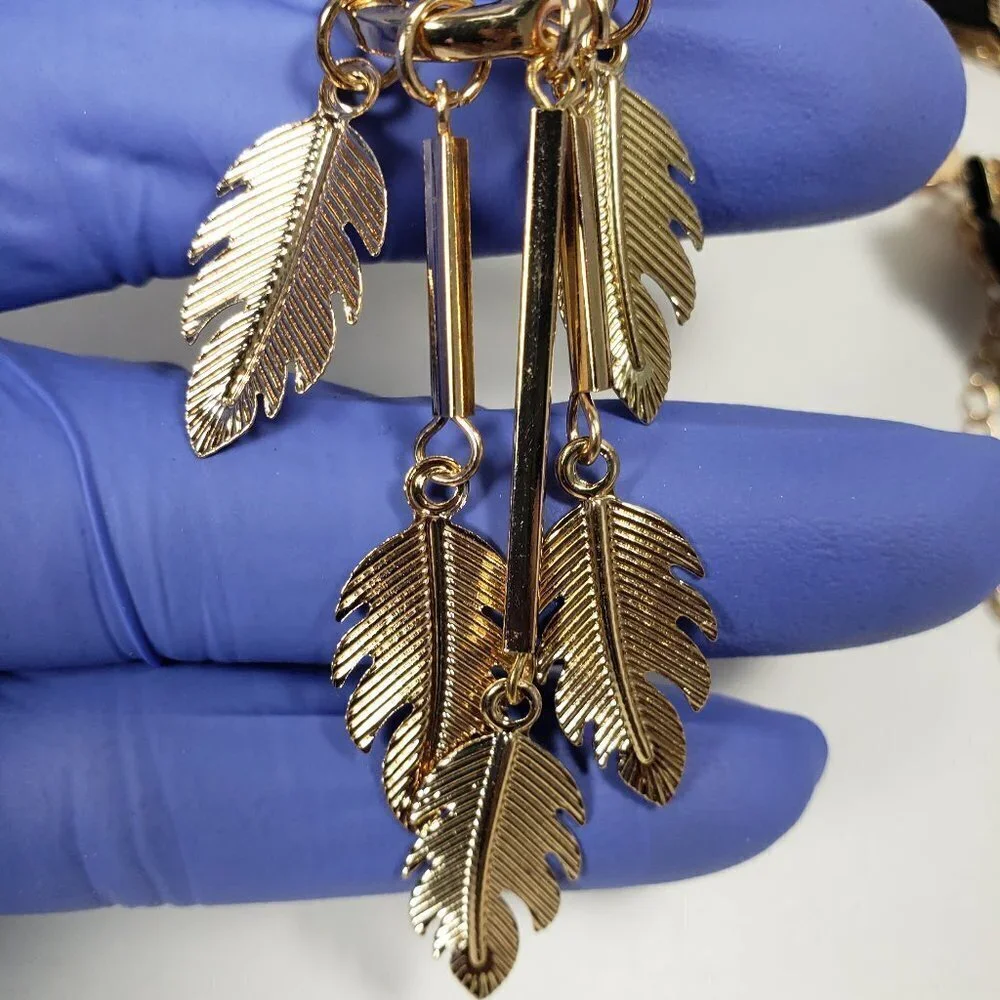 Set of 2 Chokers Gold tone Black Faux Leather Cord leaf charms, Women's Jewelry